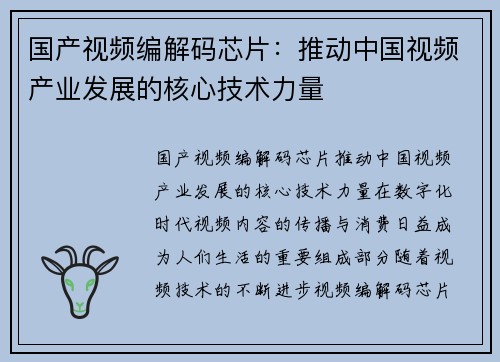国产视频编解码芯片：推动中国视频产业发展的核心技术力量